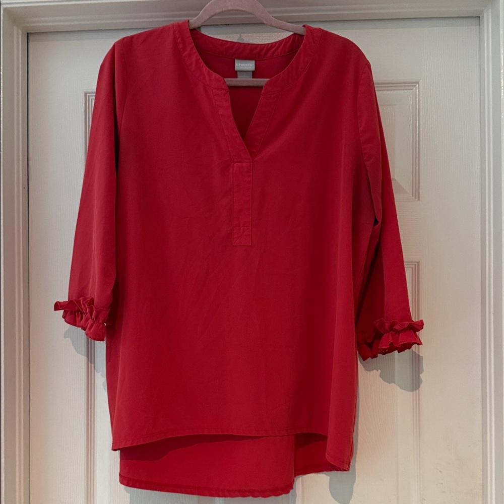 Chico's Red V-Neck Tunic with Ruffled 3/4 Sleeves